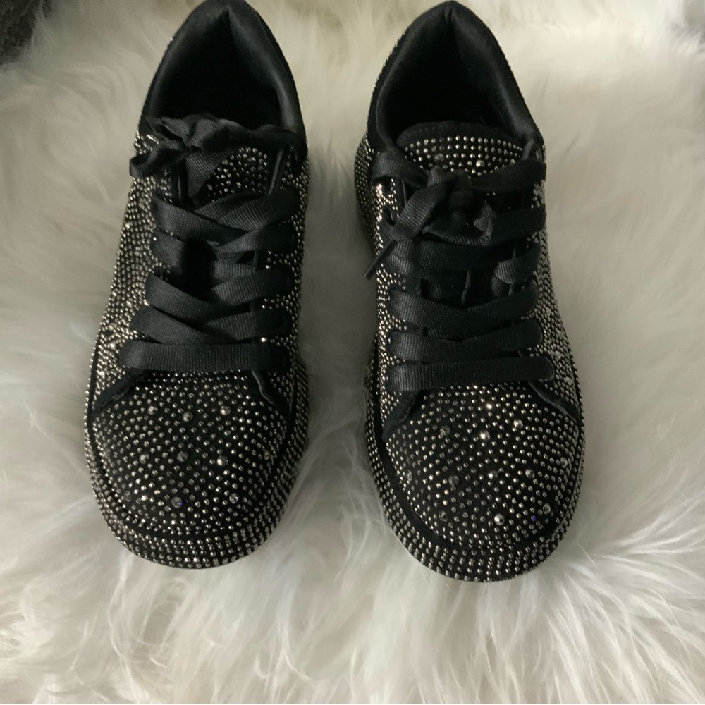 Black chunky soled, rhinestone sneakers size 7.